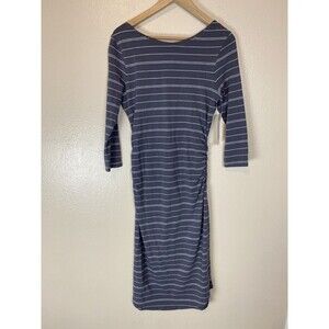 Athleta S Comeback Midi Dress Bodycon Ruched Pima Cotton Gray Stripe Sheath